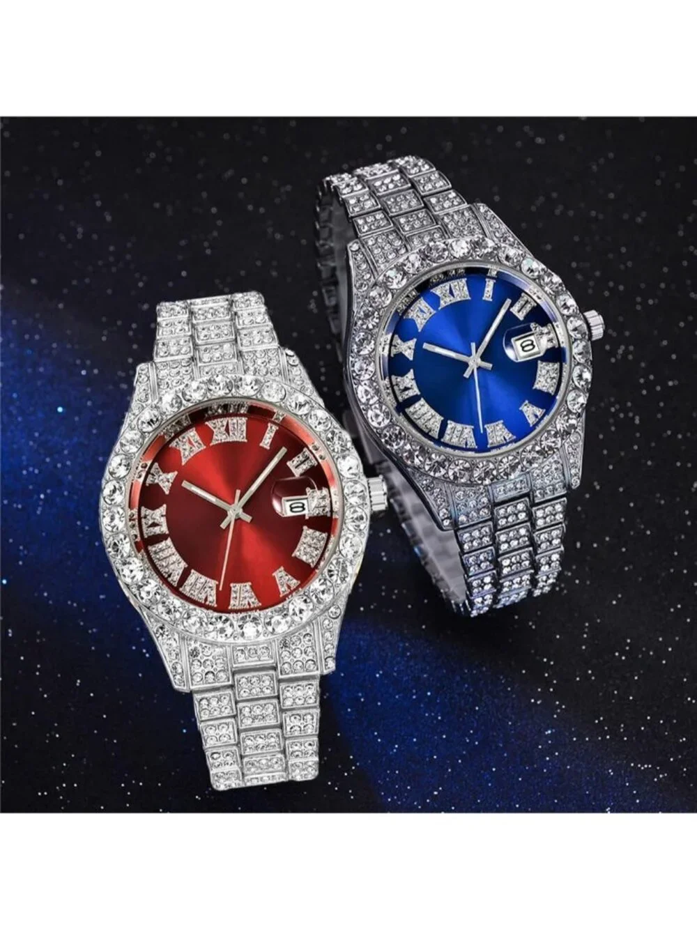 Men's Silver Red Analog Crystal Rhinestone Diamond Iced-Out Bracelet Wrist Watch